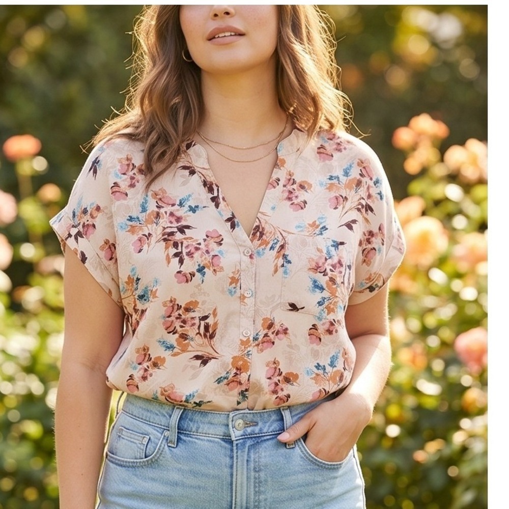 Torrid 1 Floral Button Front Georgette Blouse Pink Plus Size Botanical Flirty‎